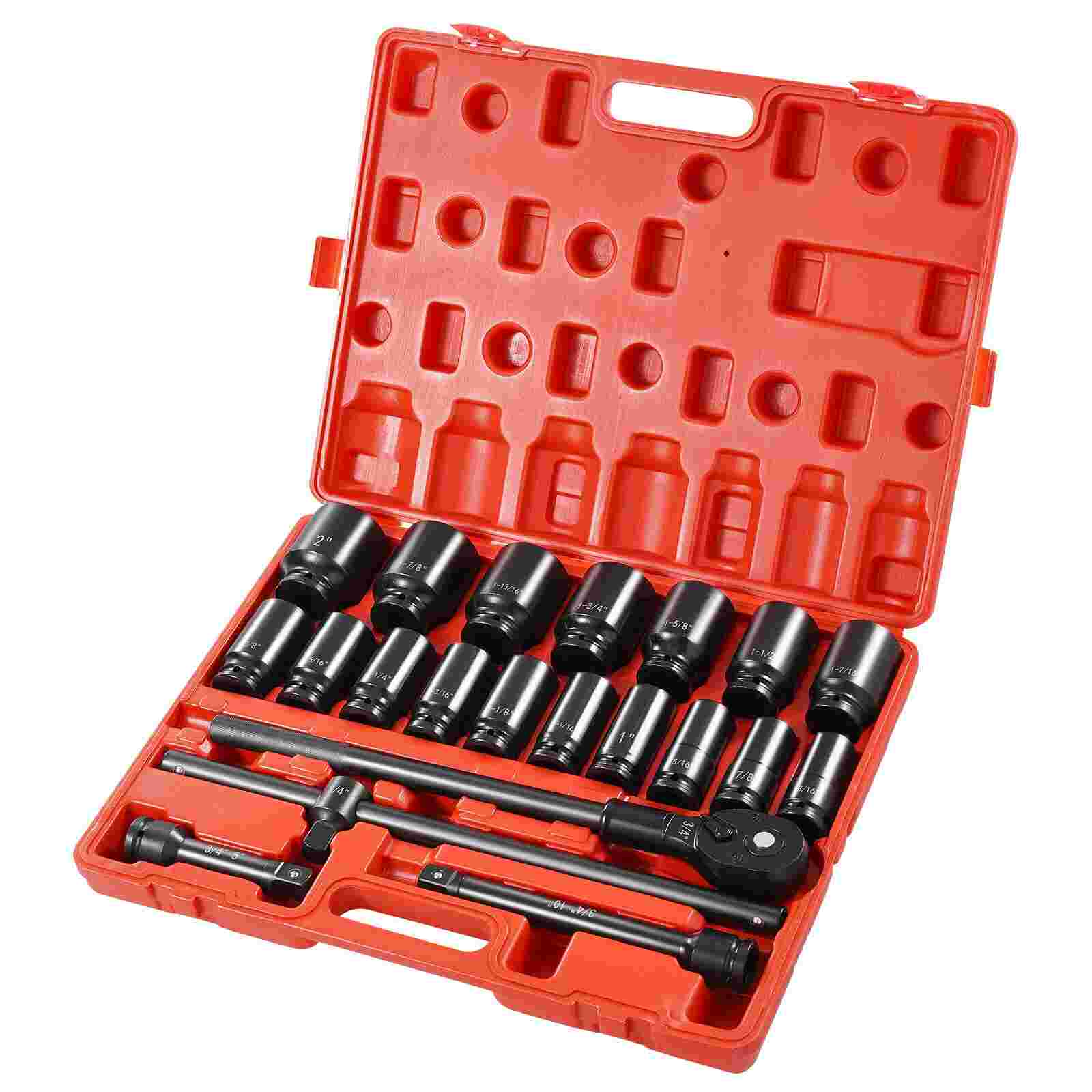 VEVOR Impact Socket Set 3/4 Inches 22 Piece Deep Impact Sockets, Socket Assortment 3/4 Inches Drive Socket Set Impact Standard SAE Sizes 7/8 Inches to 2 Inches Includes Adapters and Ratchet Handle for Automotive and Heavy Equipment Work