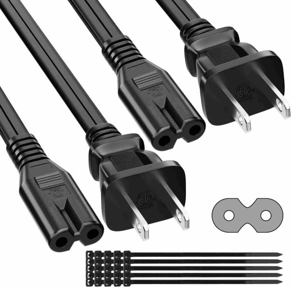 2 Prong Power Cord 2 FT 2-Pack Non-Polarized AC Power Replacement Supply Cable